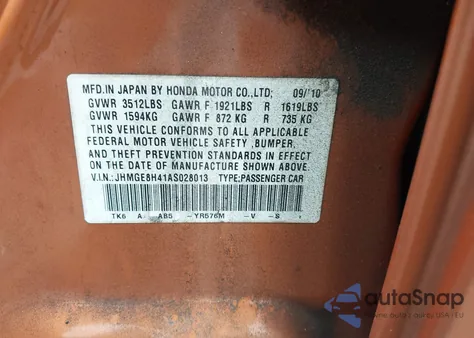 2010 Honda Fit Sport из США, поврежденный, VIN JHMGE8H41AS028013